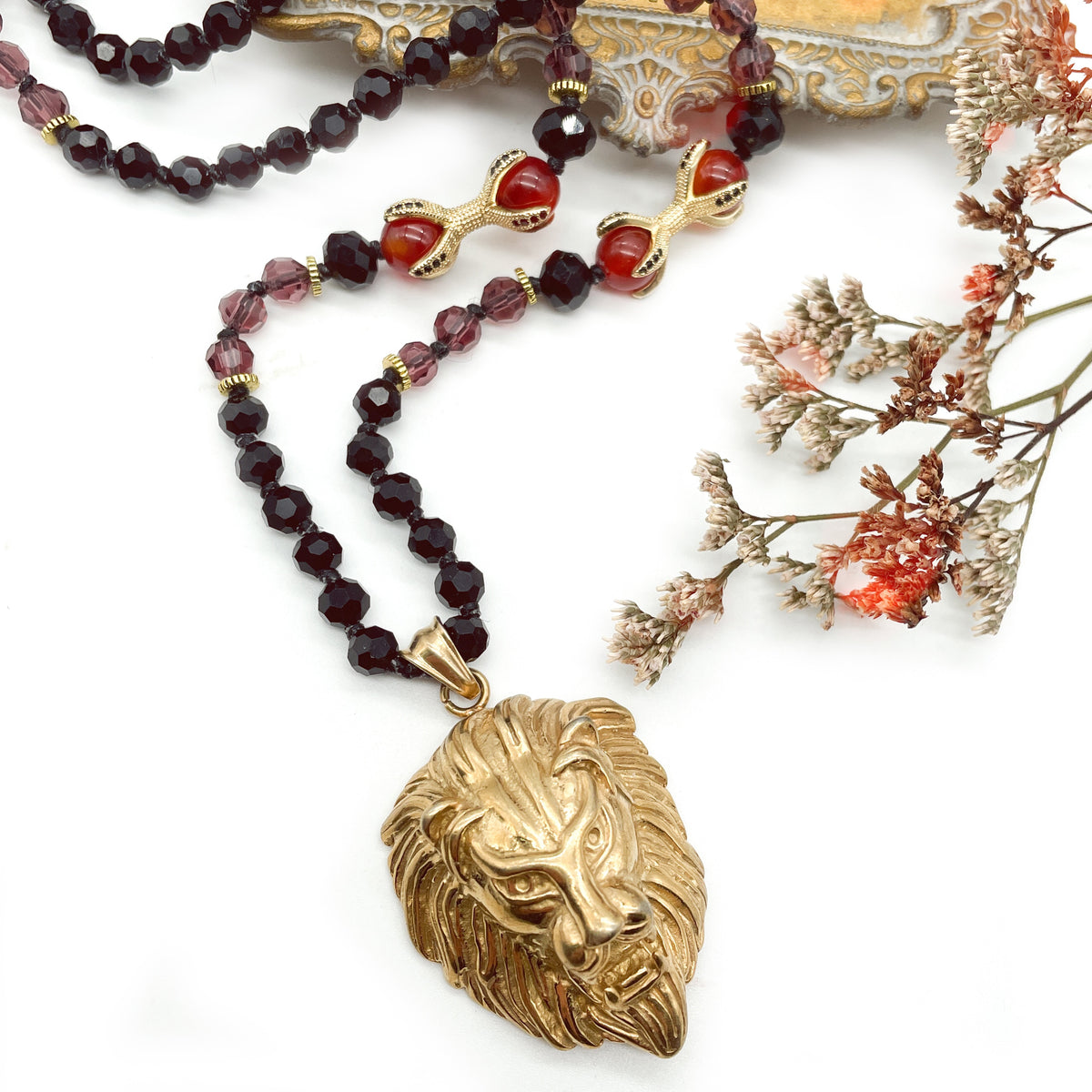 Lion hand buy beaded medallion necklace