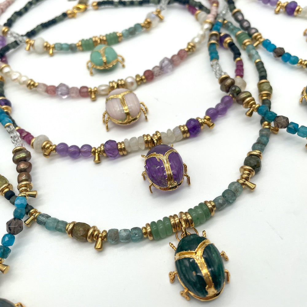 GOLD PLATED SCARAB WITH PRECIOUS GEMS NECKLACE