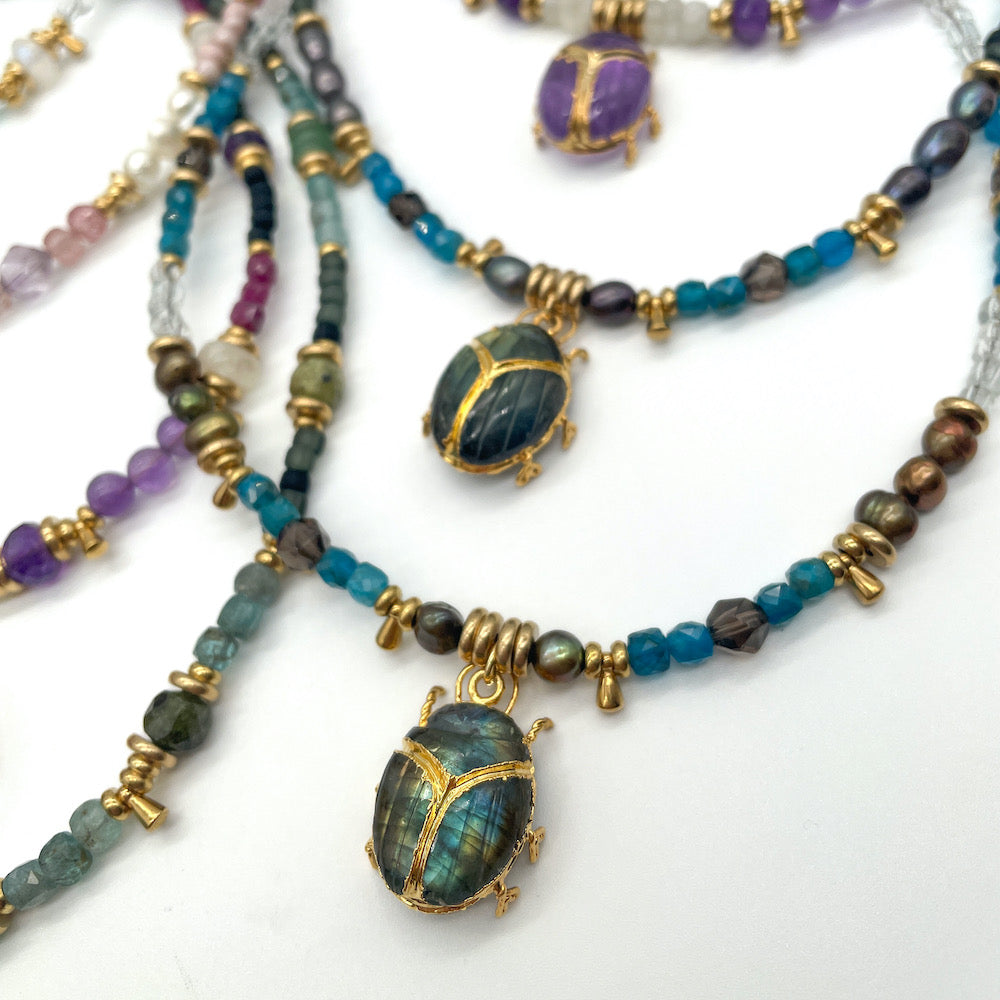 GOLD PLATED SCARAB WITH PRECIOUS GEMS NECKLACE