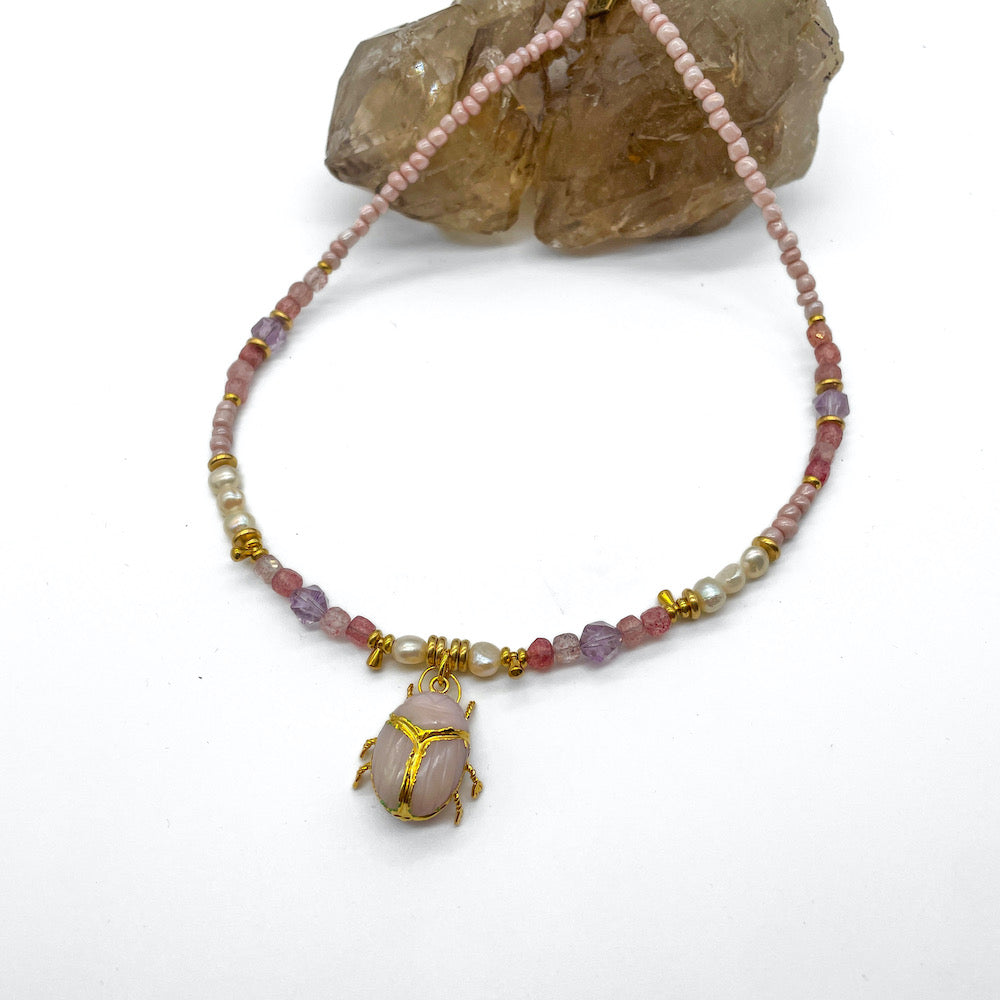 GOLD PLATED SCARAB WITH PRECIOUS GEMS NECKLACE