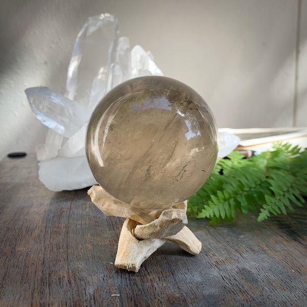 Smokey quartz crystal ball n wooden stand with clear quartz cluster