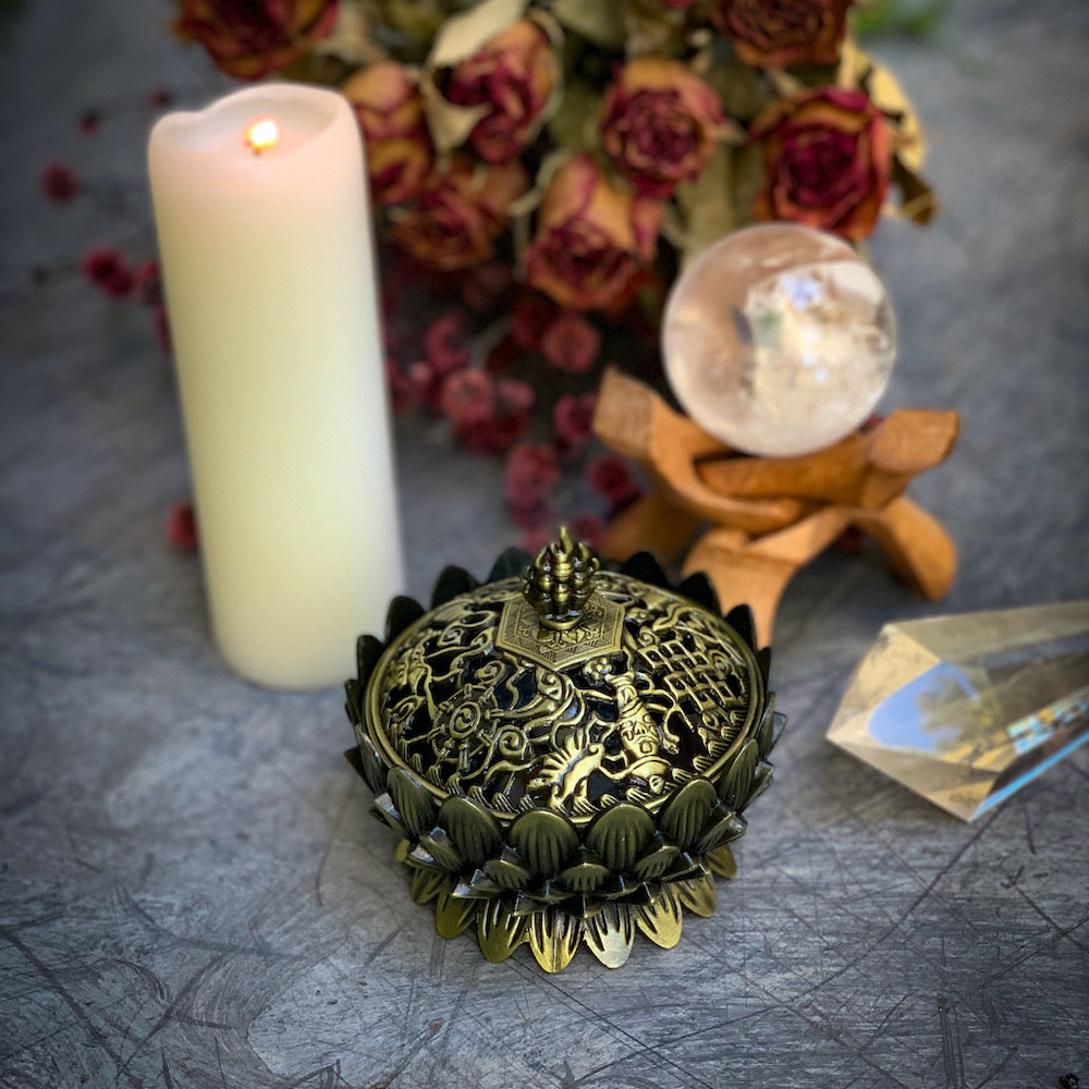 Lotus Burner with candle and clear quartz crystal ball